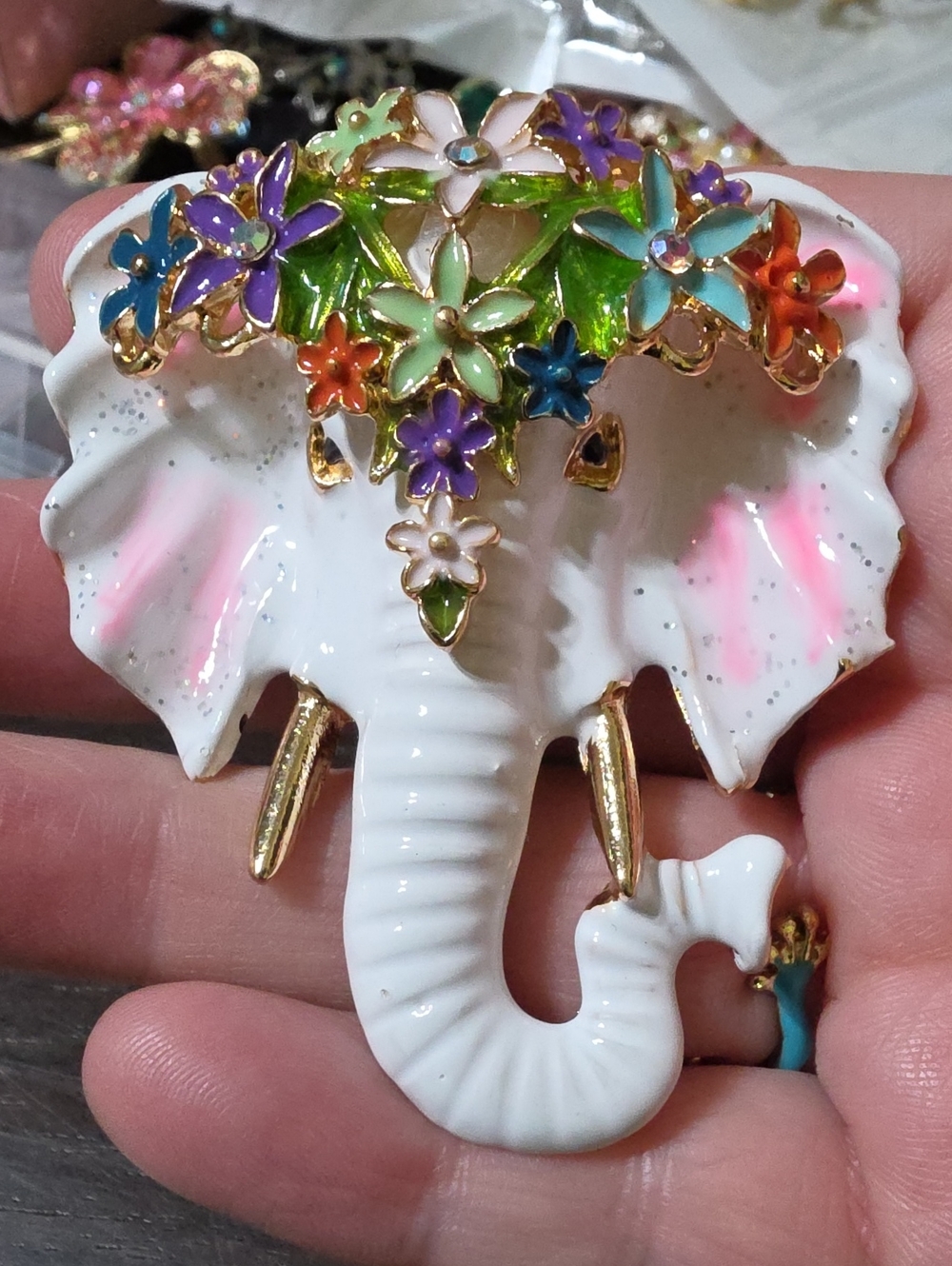 A137- White Elephant Brooch with Multicolor Floral Enamel
